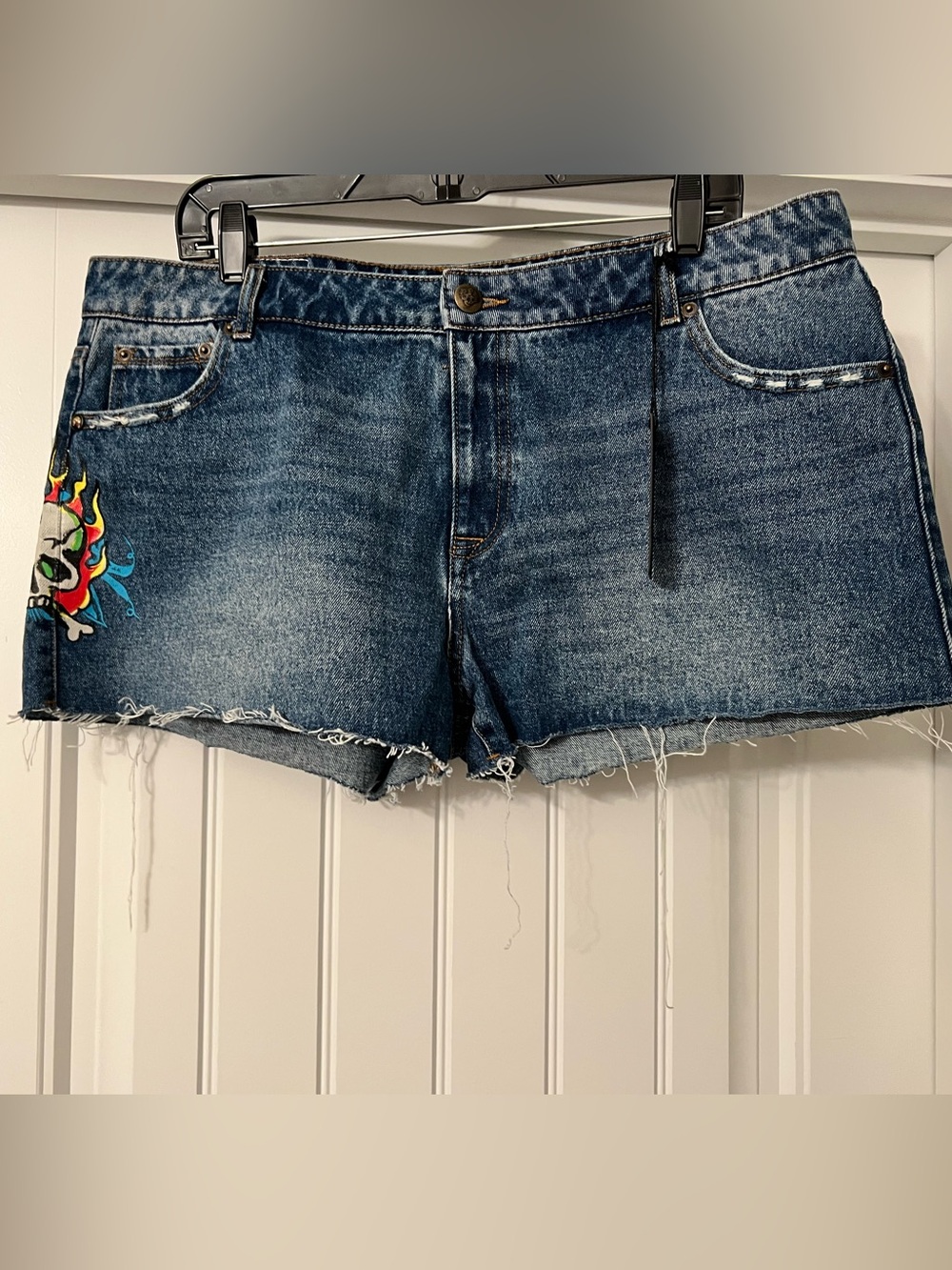 Ed Hardy Blue Denim Cutoff Shorts with Colorful Sun Embroidery
